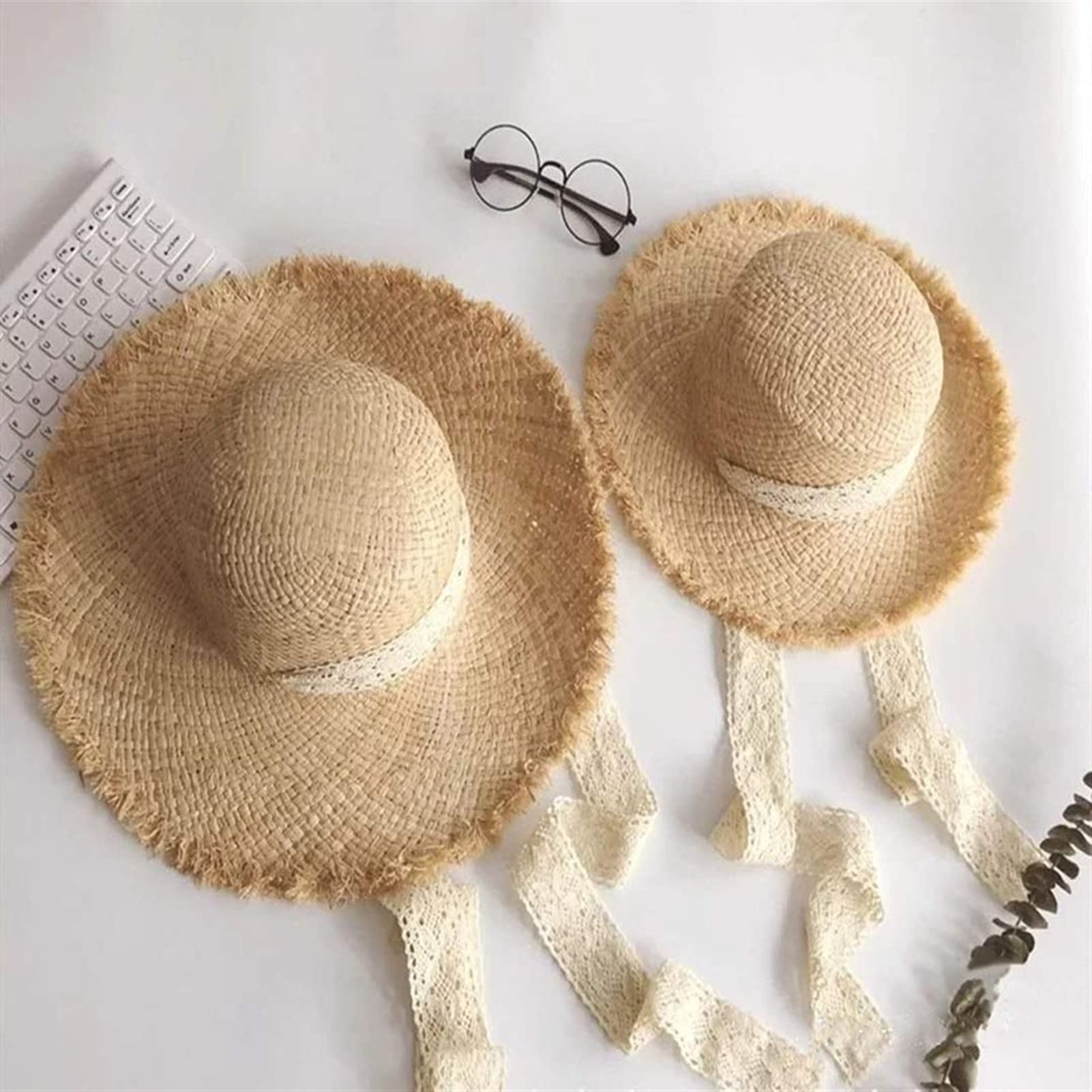 Chapeau de Soleil pour Femme Chapeau de Plage de Femmes d'été avec Le tempérament de Dentelles de Ruban Rond de Dames Ronds Plateaux de Paille Chapeaux Chapeaux Chapeau d’été (Color : 1, Size : L)