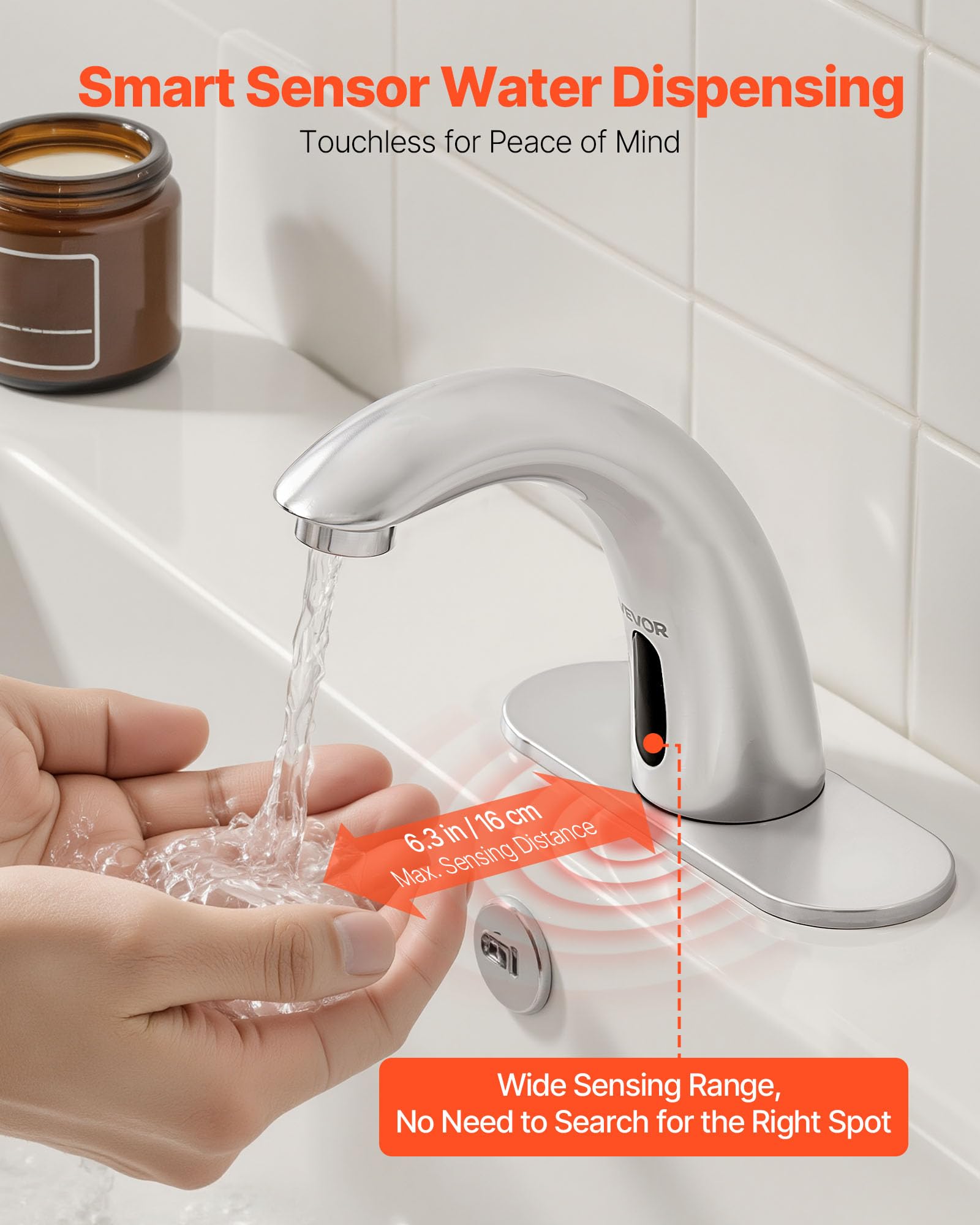 VEVOR Robinet Automatique sans Contact, Mitigeur Lavabo à Capteur de Mouvement, Mélangeur d’Eau Chaude et Froide Température Réglable, pour Tuyau 9,5 mm, Cuisine Salle de Bain, Nickel Argenté Brossé
