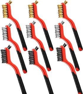 Wire Brush Set for Rust, Dirt & Paint Scrubbing with Deep Cleaning in Holes, 9pcs Brass/Stainless Steel/Nylon Brushes with Curved Handle Grip