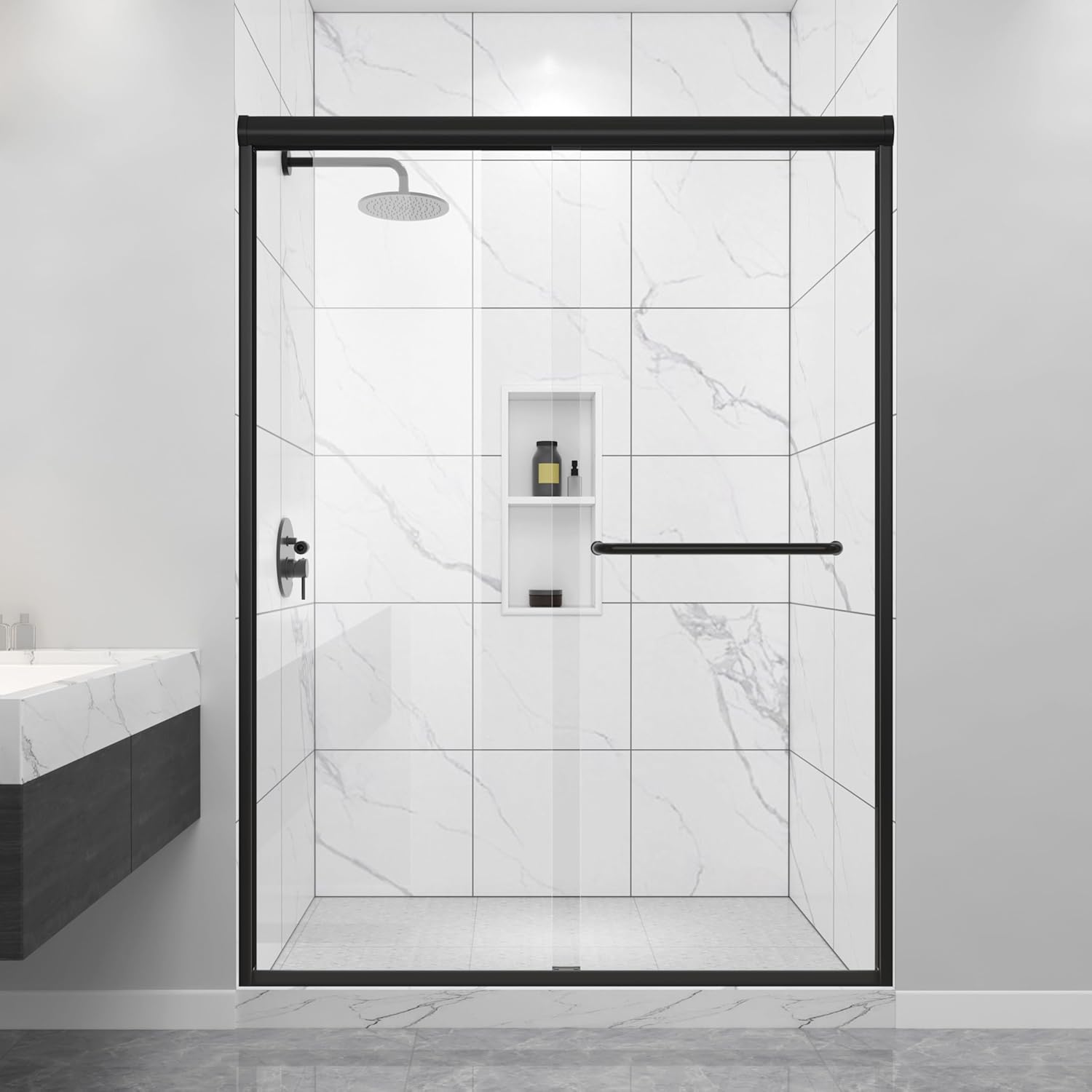 49-54" W x 72" H Semi-Frameless Double Sliding Shower Door Framed Bypass Glass Shower Doors with 1/4" (6mm) Clear Tempered Glass in Matte Black