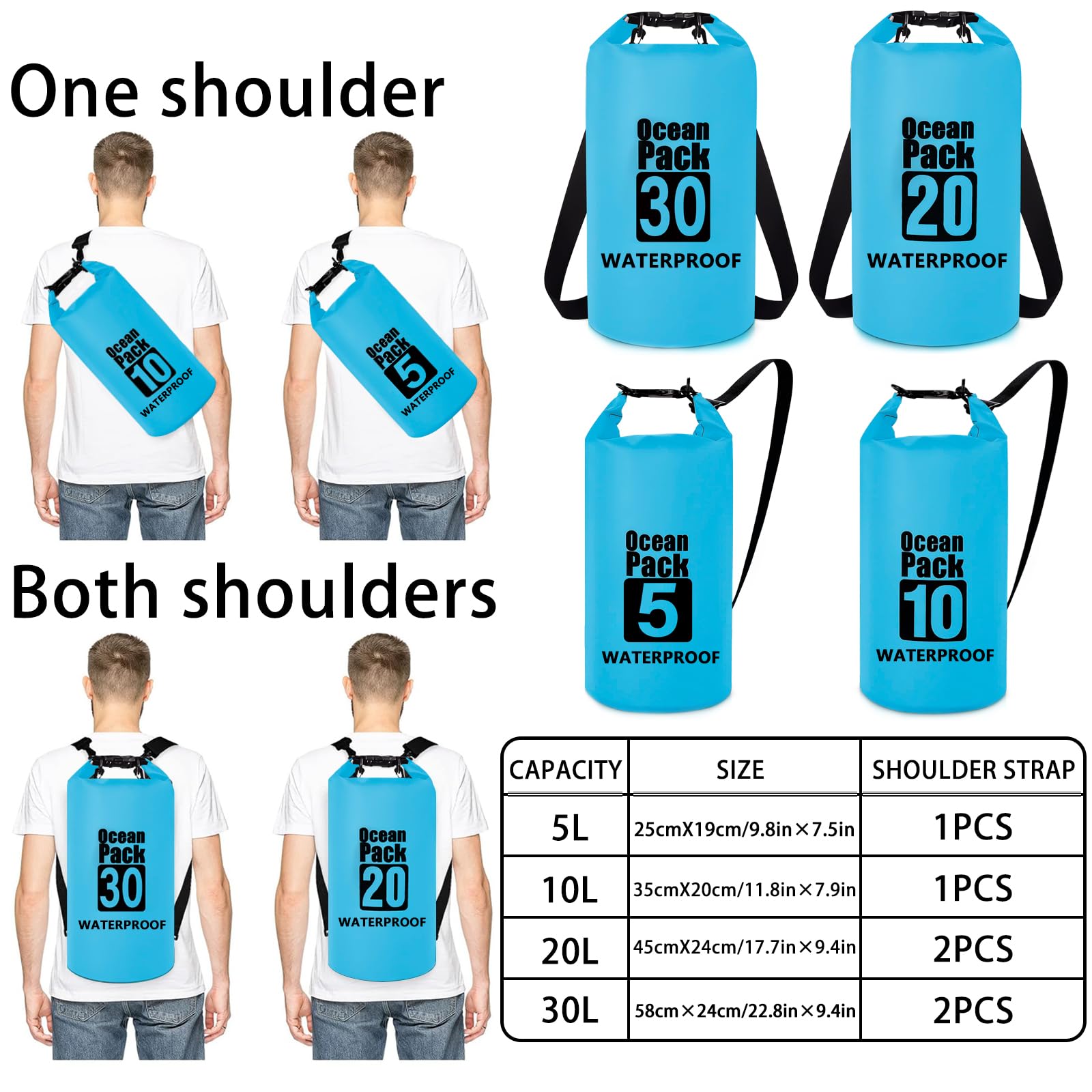 Borse Impermeabili, 5L/10L/20L/30L Dry Bag Sacco Impermeabile con Tracolla Regolabile, Sacche Stagne Impermeabili per Sport Acquatici, Campeggio, Rafting, Kayak, Pesca, Escursionismo