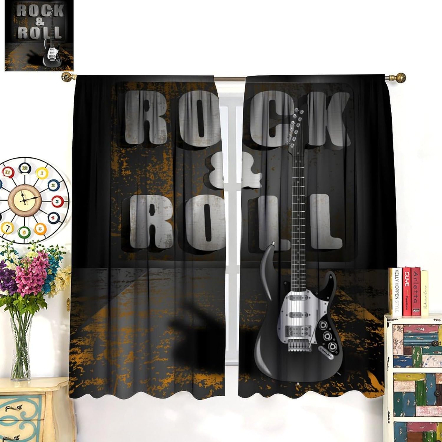 Guitar Music Curtain, Retro Band Rock Theme Boy Girl Room Decor Bedroom Living Room Rod Pocket Drapes 2 Panel Set Total Size 42" W X 45" L Inch