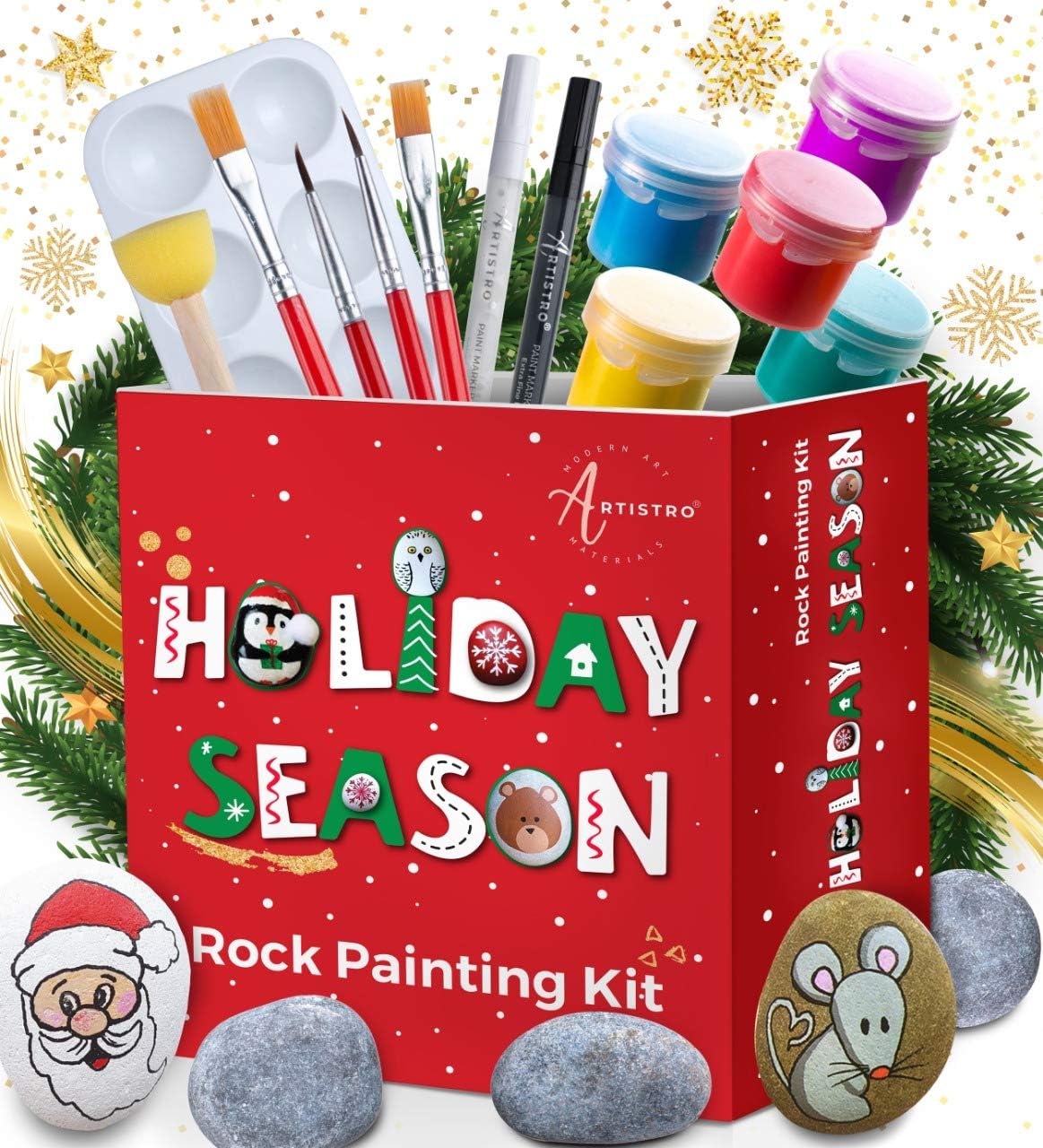Rock Painting Kit – Rock Art Painting Supplies with 10 Smooth Rocks for Painting, Waterproof Acrylic Paint, Crafts for Kids Ages 4-8 & 8-12 for Hide and Seek, Kindness Rocks, Christmas Gift Idea