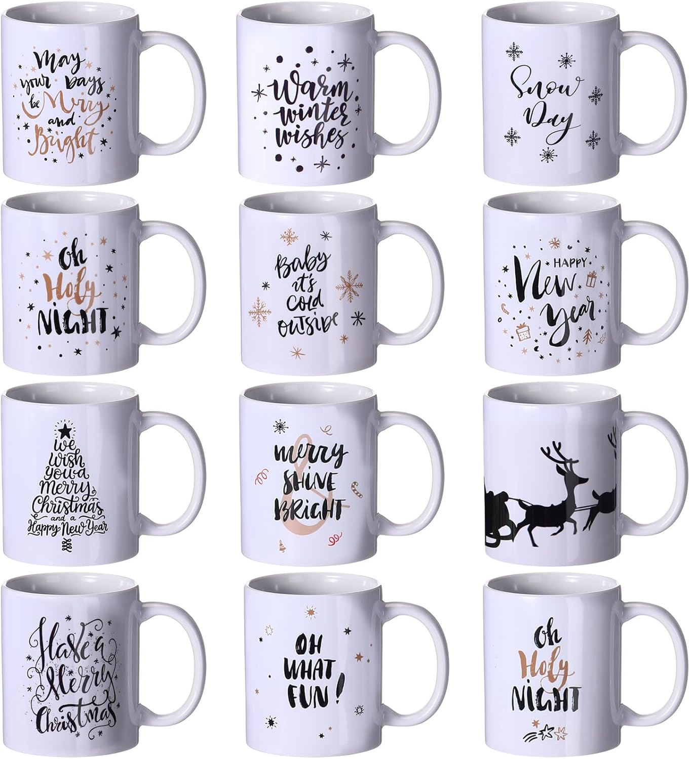 Uiifan Set of 12 Christmas Coffee Mugs, 12 oz Ceramic Mugs Bulk Holiday White Coffee Mugs with Handle Decorative Christmas Gift for Family Friend Present Party Supplies, 12 Styles(Elk)