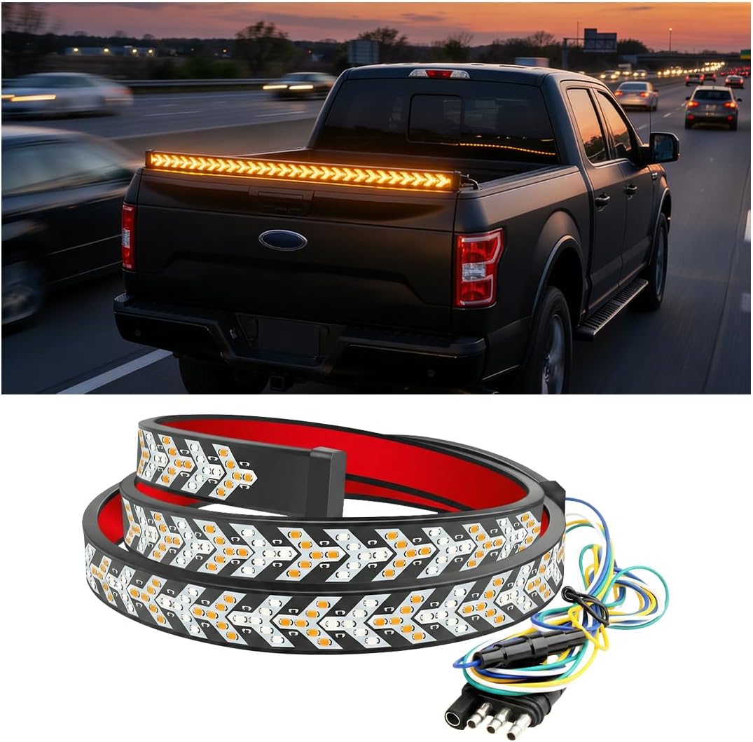 Car LED Tailgate Light Bar Strip, 60 Inch Automotive Signal Break Reverse Tailgate LED Bar, Flexible Vehicle Amber Turn Signal Sequential Strobe Lighting Strip, Universal Fit