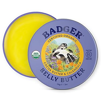 Badger Belly Butter, Organic Stretch Mark Cream for Pregnant Belly, Rich Hypoallergenic Moisturizing Organic Cocoa Butter & Coconut Body Butter for Women, 2 oz Tin