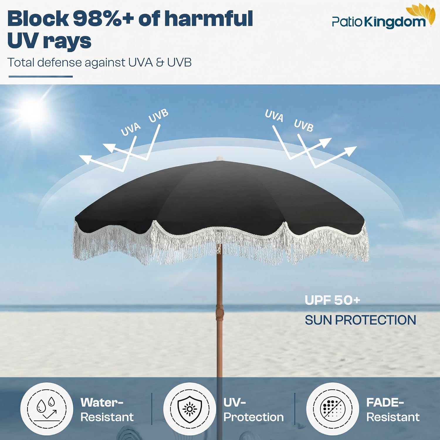 7ft Patio Umbrella with Fringe, Boho Beach Umbrellas, Outdoor Tassels Umbrellas with Push Button Tilt & Carrying Bag, 8 Windproof Fiberglass Ribs, UPF50+