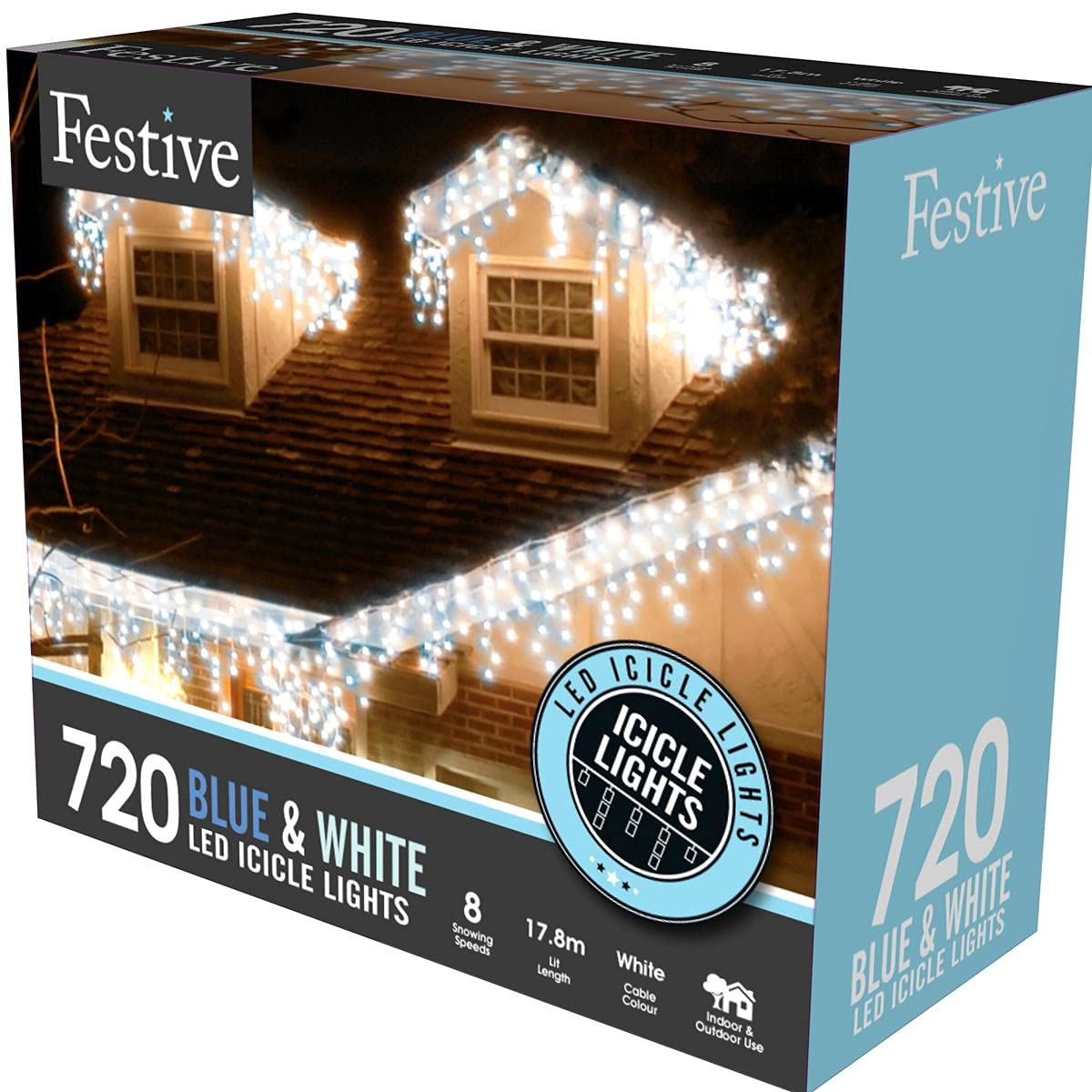 Festive Blue,White 720 Blue & White Snowing Icicle Christmas Timer Lights Indoor And Outdoor