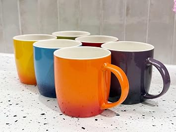 simpa Multi-Coloured Rainbow Stoneware Mugs – Set of 6 Gradient Colour Coffee & Tea Cups – 350ml