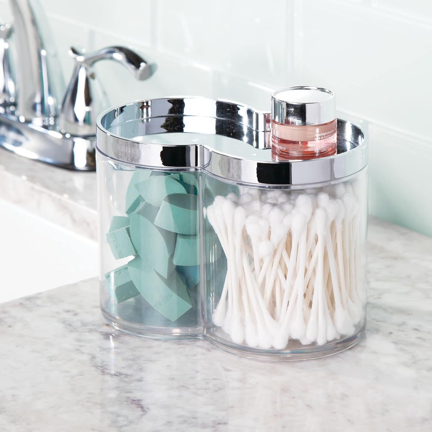 mDesign Plastic Canister Jar Organizer Set with Storage Lid - Home Decor Holder for Bathroom/Restroom Vanity Countertop - Holds Cotton Balls, Soap - Lumiere Collection - 2 Pack - Clear/Chrome