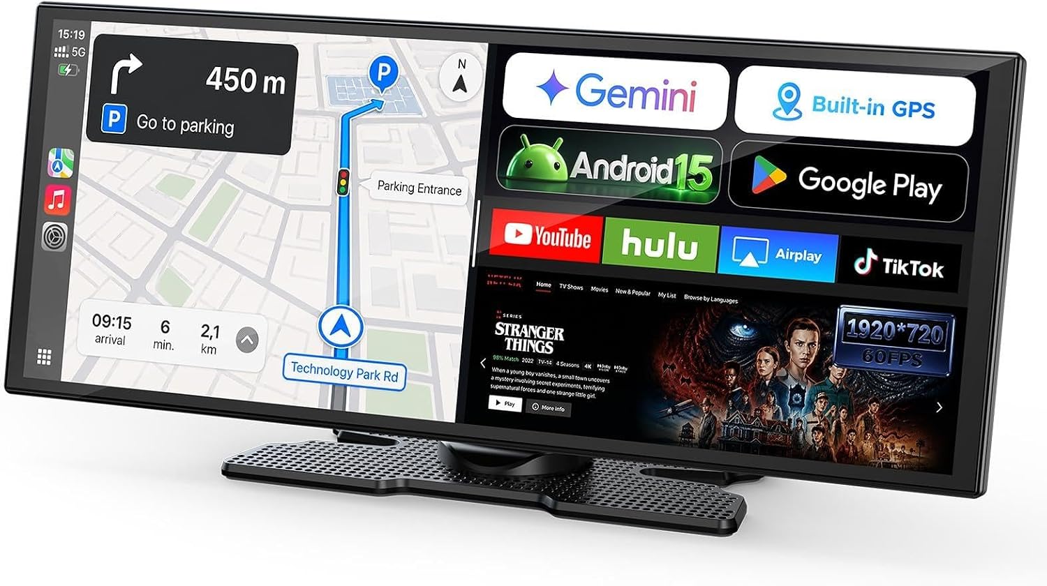 LAMTTO 11" AI Wireless CarPlay Screen with Google Play & Android 15 | Car Play & Android Auto with Gemini AI,Split-Screen,Backup Camera,GPS,60fps,AirPlay,OTA — For Trips,Commutes,Family Travel