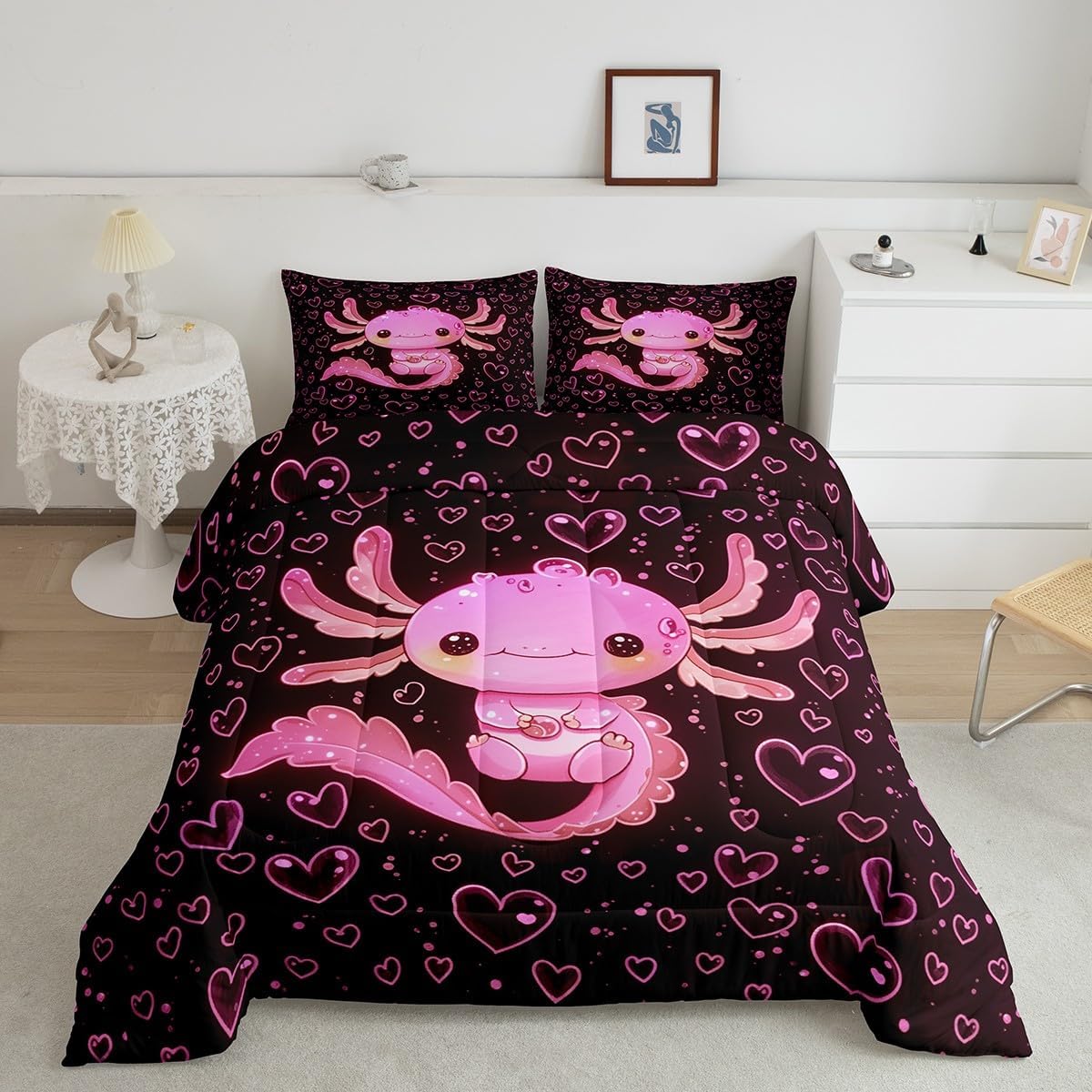 Feelyou Kids Rainbow Cute Axolotl Comforter Set,Ocean Theme Axolotl Bedding Set Full Size,Boys Girls Room Decor,Cartoon Salamander Comforter,Kawaii Axolotl Bed Set