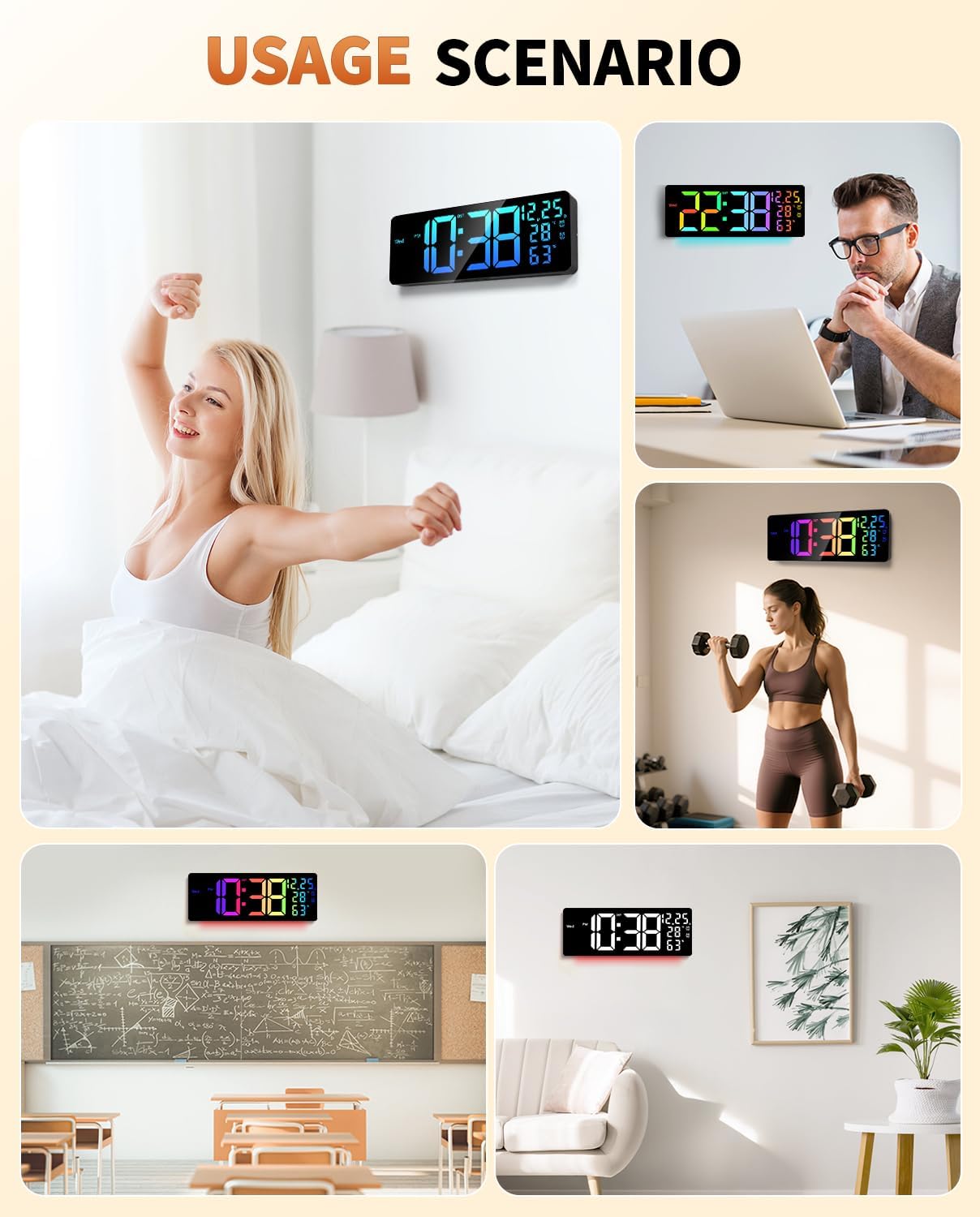 17.2" Large Digital Wall Mount Clock, Count Down Timer, Alarm, Big LED, 11 RGB Color, Temperature for Living Room Classroom Desk, Xmas, Birthday Gift for Senior Mom Dad (Rectangle)