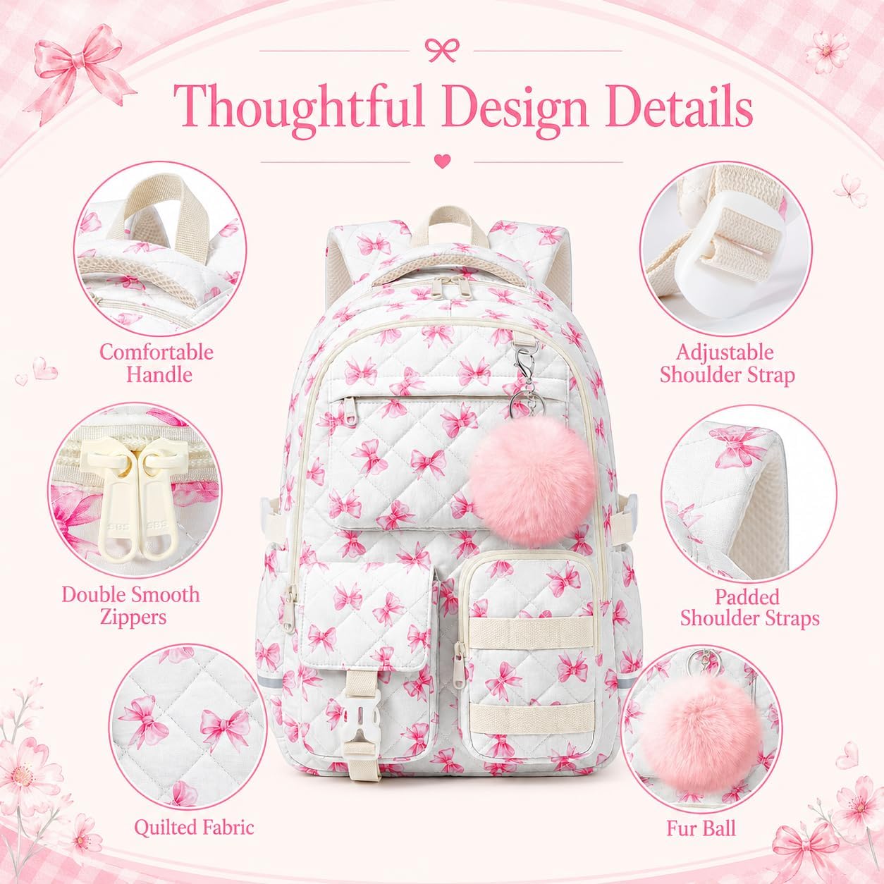 Quilted Backpack for Teen Girls, Cute Pink Bow School Backpack with Multi-Pocket Design, Lightweight Cotton Bookbag Fits 15.6" Laptop, Large Capacity Aesthetic Backpack with Plush Charm