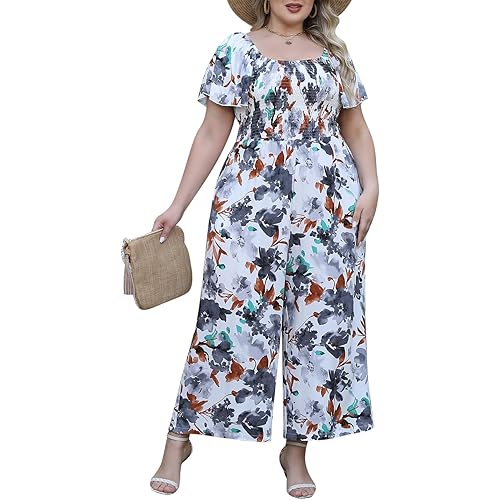 Nemidor Womens Plus Size Casual Long Pant Jumpsuits Summer Print Ruffle Sleeve Smocked Waisted Romper with Pocket 16-26