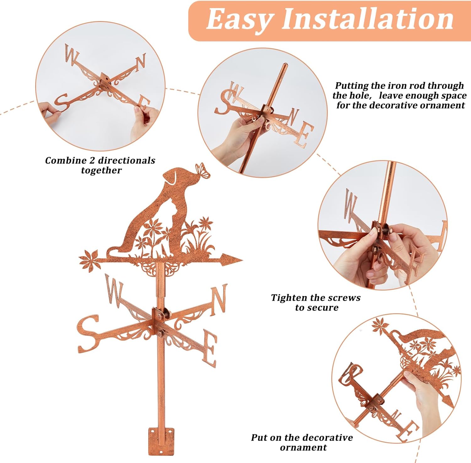 SUPERDANT Dog Cat Weather Vane Flowers Wind Vanes for Yard Animals Metal Weathervane Roof Mount for Gardens Outside Reddish Copper Weathervanes Farmhouse Farm Barn Sheds Patio Decorations