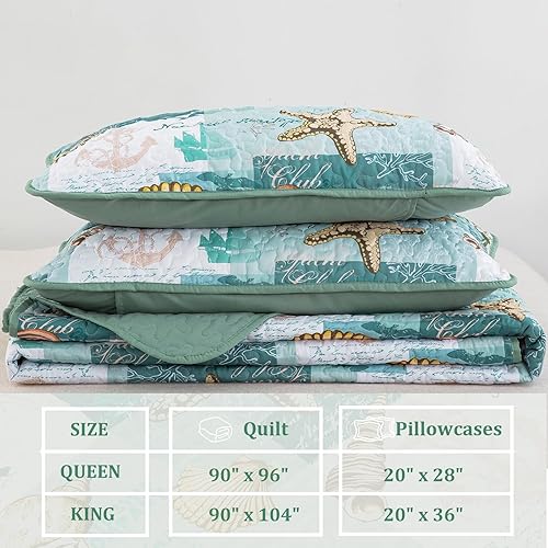 Miniatura 6 de DJY Juego de edredón de 3 piezas, tamaño King, juego de edredón con patrón costero de playa náutico Seastar, cubrecama suave con 2 fundas de