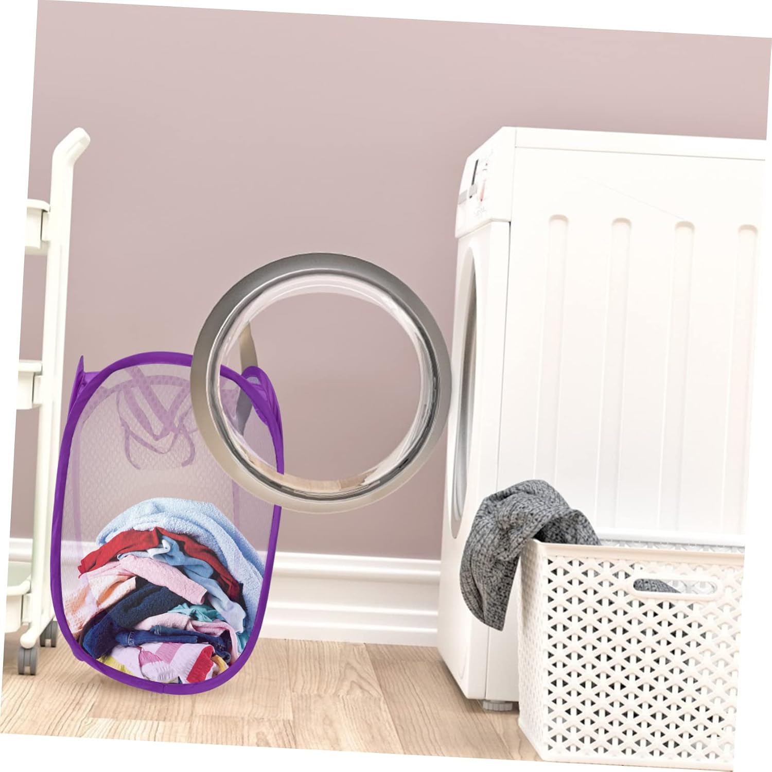 Purple Foldable Laundry Hamper Basket for Dirty Clothes and Toys | Mesh Design, Nylon and Steel Wire Build, Two Handles, Side Pocket for School or Camping