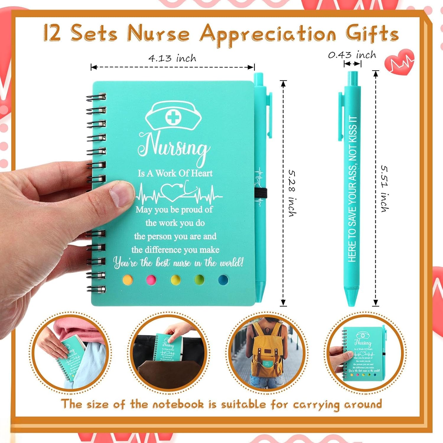 Fullhawl Nurse Appreciation Gift Bulk Thank You Gift for Medical Nursing Assistant Spiral Notebook with Sticky Note Inspirational Ballpoint Pen for RN Student Staff Doctor Grad(12 Sets,Multicolor)