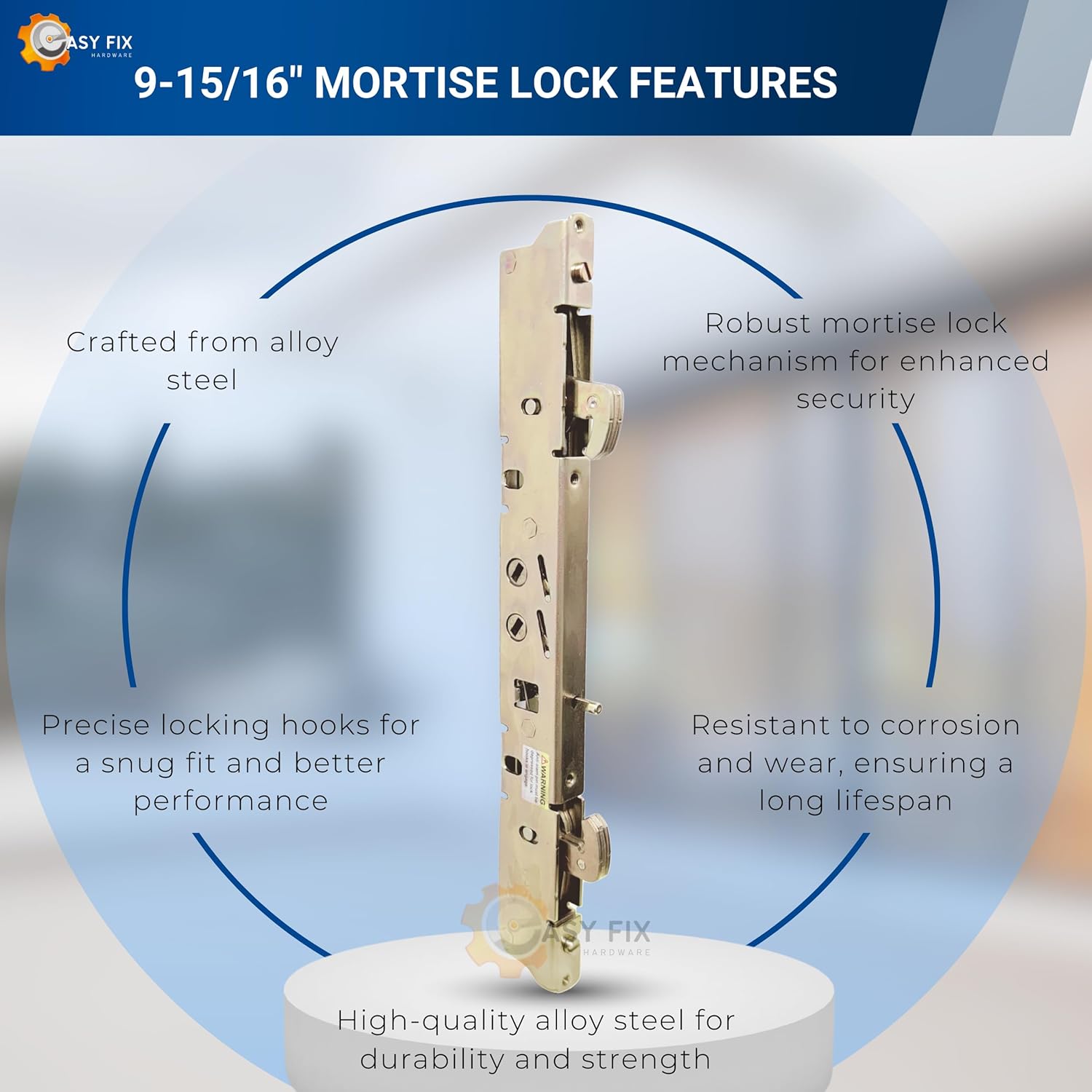 Dual Point 9-15/16" Mortise Lock (No FacePlate) with Anti-Slam Pin for Sliding Patio Glass Door Locking Mechanism Replacement | Fix and Repair Door Hardware Lock Set - Alloy Steel