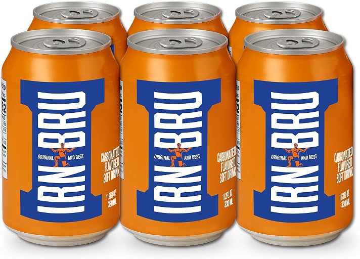 IRN-BRU Original Scottish Sparkling Soda, Citrus Flavored Carbonated Drink - Sparkling Flavored Soft Drink, 32 Flavor Recipe, 11.1 fl oz Cans, Pack of 6