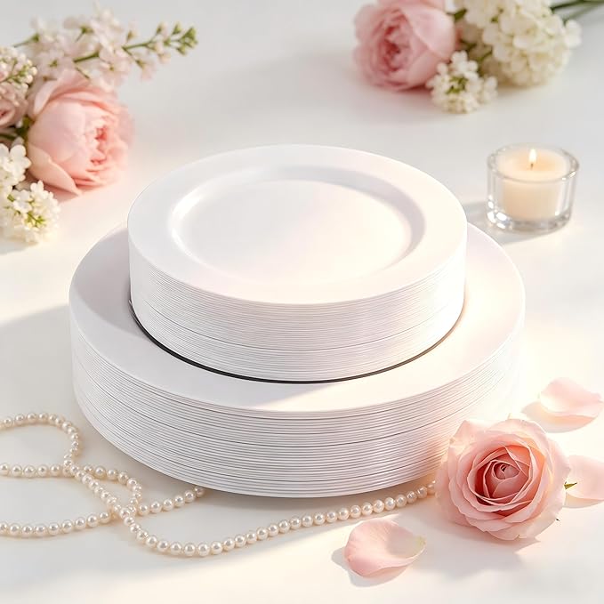 FLOWERCAT 60PCS White Plastic Plates - Heavy Duty White Disposable