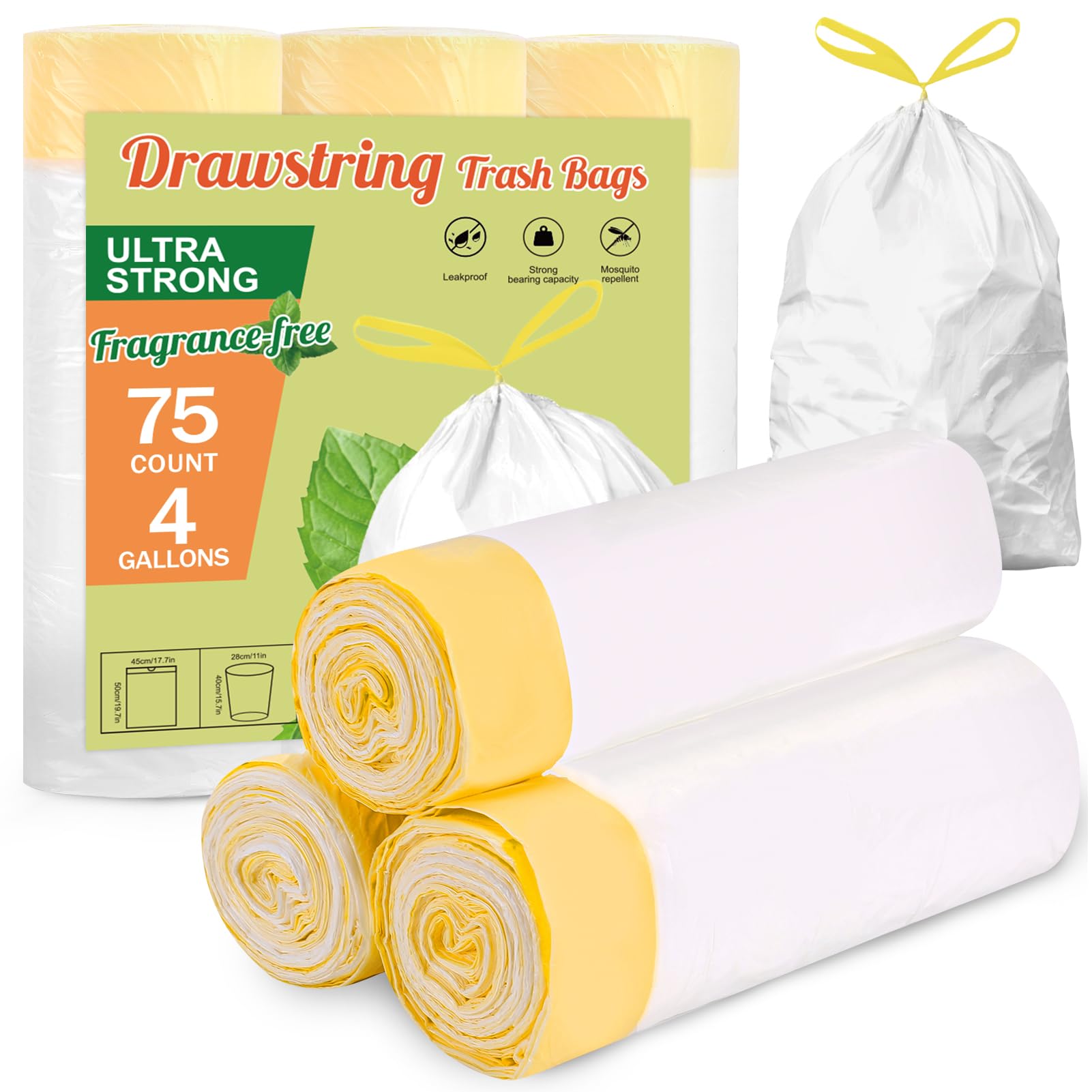 XPIY Small Trash Bags 75 Counts, 4 Gallon Trash Bag Drawstring, Unscented & Durable Bathroom Trash Bags, Small Garbage Bags for Bathroom Can, White Trash Can Liners for Home Kitchen Office Bedroom