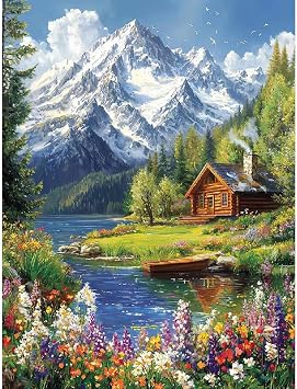 LWZAYS Mountain Paint by Numbers Kit for Adults Beginner, Cabin Adult Paint by Number Kits on Canvas, Mountain Landscape Acrylic Paint by Number Kit for Gift Decor - 16x20Inch