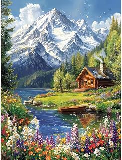 LWZAYS Mountain Paint by Numbers Kit for Adults Beginner, Cabin Adult Paint by Number Kits on Canvas, Mountain Landscape Acrylic Paint by Number Kit for Gift Decor - 16x20Inch