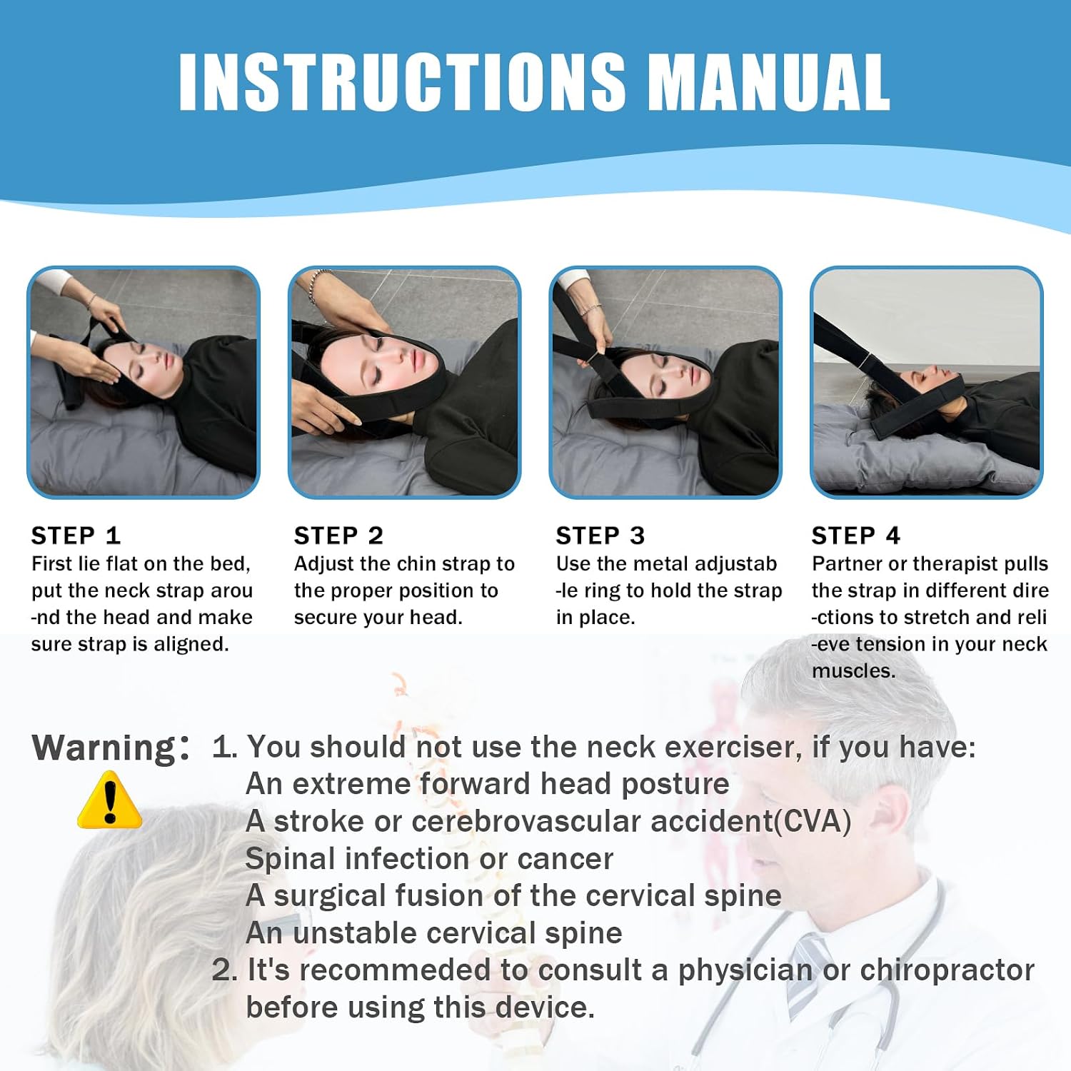 Neck Stretcher Strap, Neck Strap Cervical Traction Device for Neck Pain, Spine Chiropractic Decompression Tool with Comfortable Handle and Chin Belt