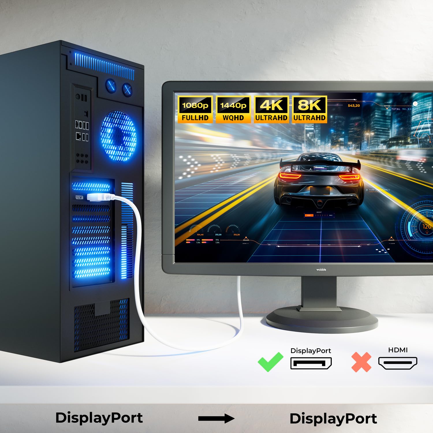 deleyCON 3,0m Cable DisplayPort 1.4 8K - 1080p a 8K - Ideal para Monitores Gaming Hasta 360Hz PC HBR3 DSC HDR10 - Blanco