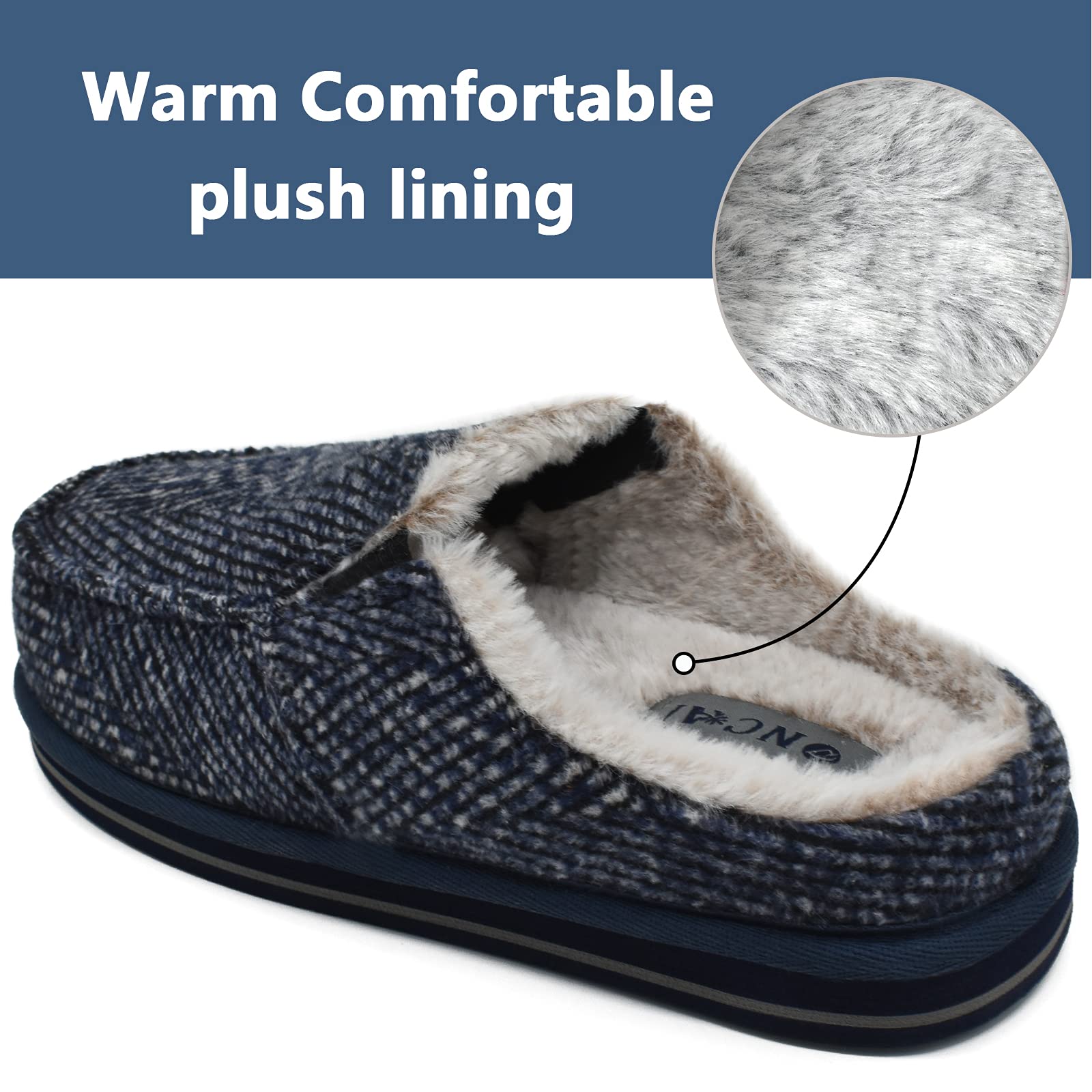 ONCAI Pantofole da Uomo in Comfort Pelo Cotone Strisce Ciabatte da Casa in Lana con Memory Foam Supporto Arco Suola in Gomma Taglia 40-50