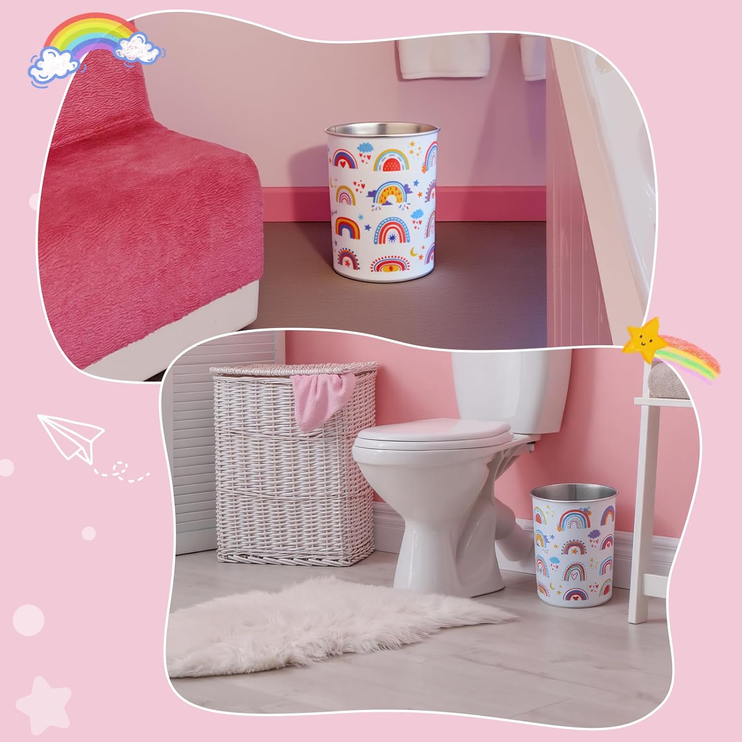 LemonRoad 2 Pack Rainbow Wastebasket Metal Trash Can Small Decorative Garbage Can for Bedroom Bathroom Nursery Daycare Kitchen Laundry Room Offices Home, 1.50 Gallons, 7.7 x 7.7 x 9.4 Inches