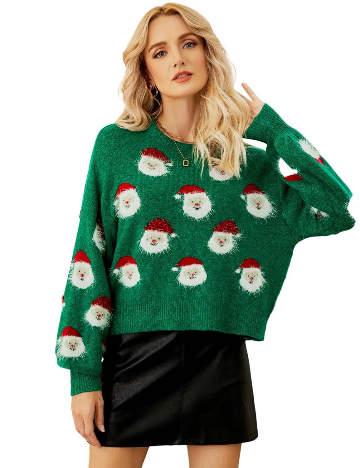 Yimoon Ugly Christmas Sweater for Women Xmas Holiday Party Funny Santa Sweater Cute Cropped Knitted Pullover Tops Green-M