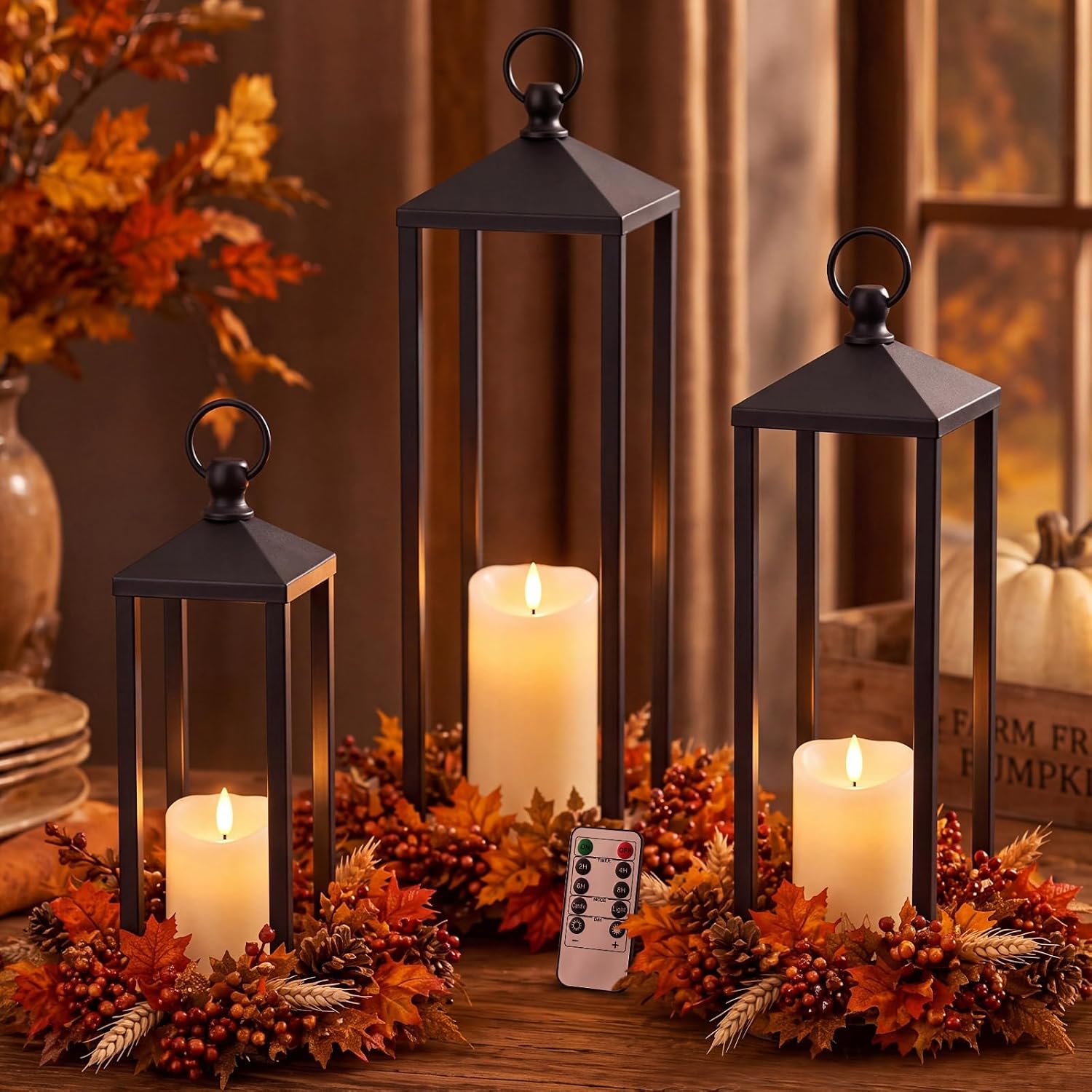 Retisee Large Decorative Lantern with LED Candle for Indoor, Black A