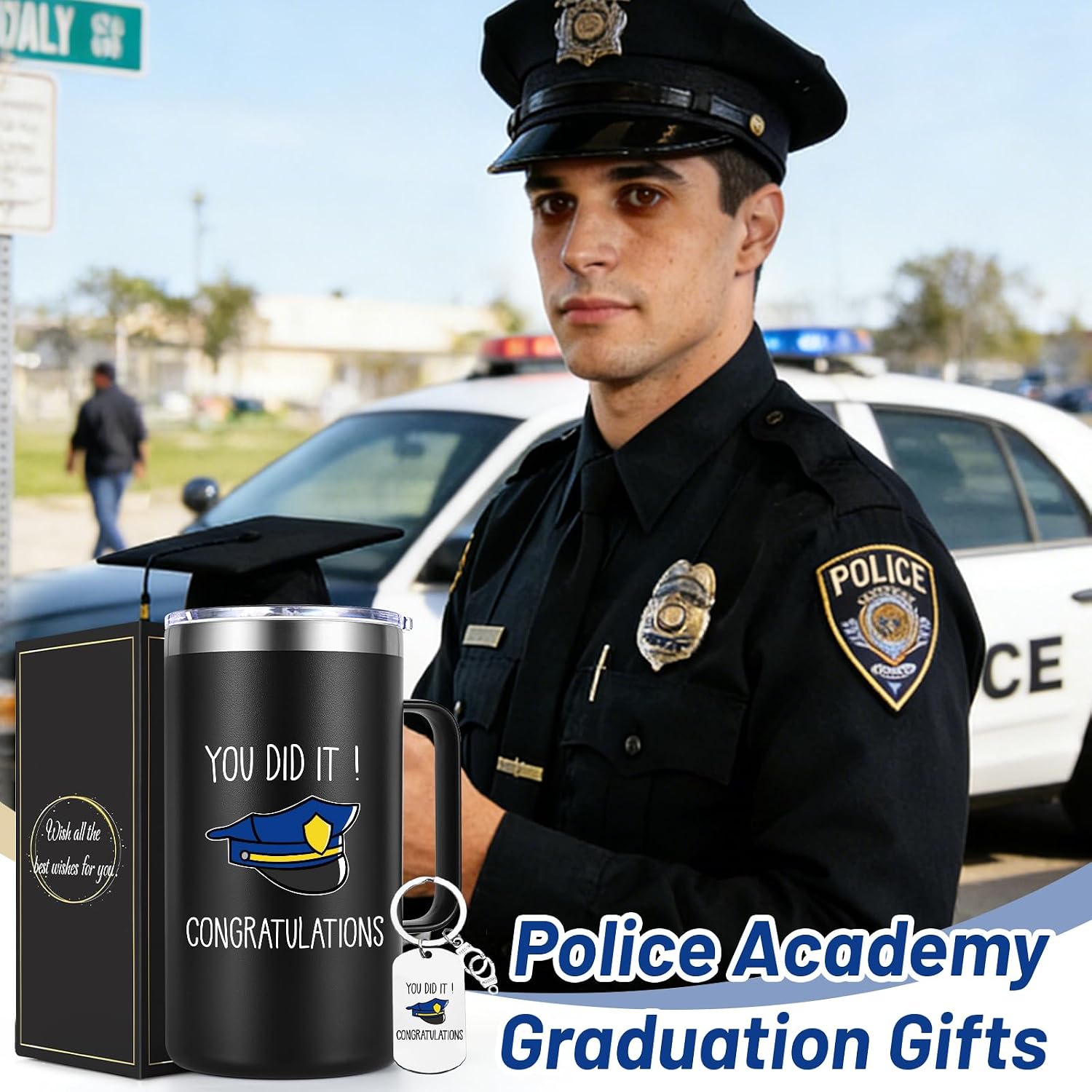 Qtencas Police Academy Graduation Gifts, Police Officer Graduation 20 Oz Insulated Mug with Keychain, Polices Officer Gifts for Men, Policeman Promotion Gift, Birthday Fathers Day Gift for Dad, Black