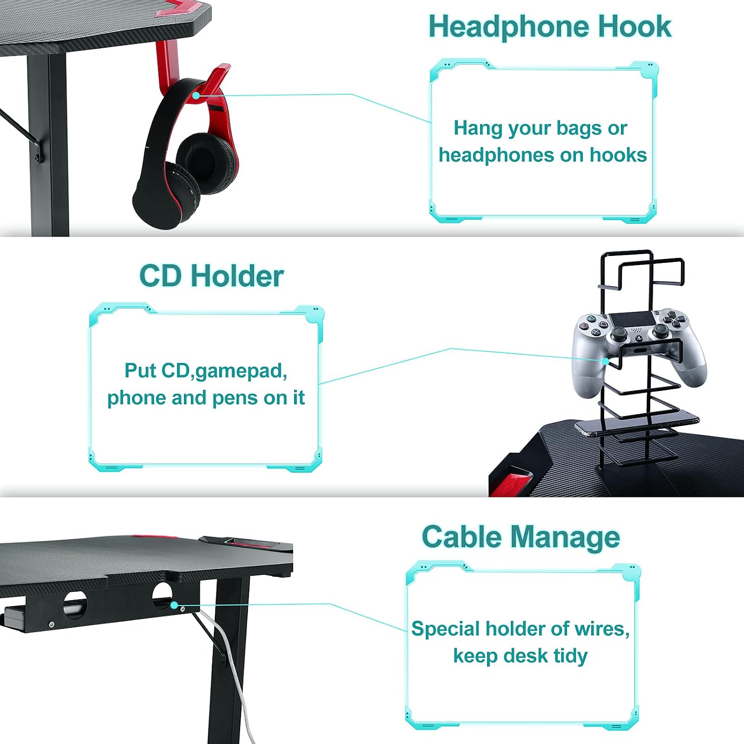 GTRACING Gaming Desk,47 inch Gaming Table with Adjustable Shelf,Professional T-Shaped Carbon Fiber Surface Gaming PC Table Desk with CD Holder and Headphone Hooks(Black)