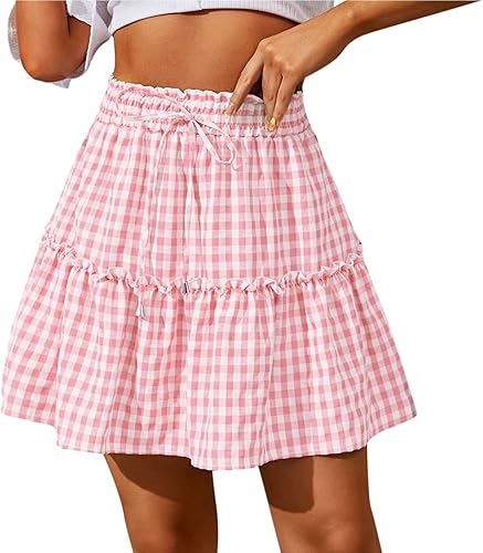 OJinShaWanO Mini Skirts for Women 2023 Plaid Print Skirt High Waist Elastic Retro Plaid Short Skirt Tulle Skirts