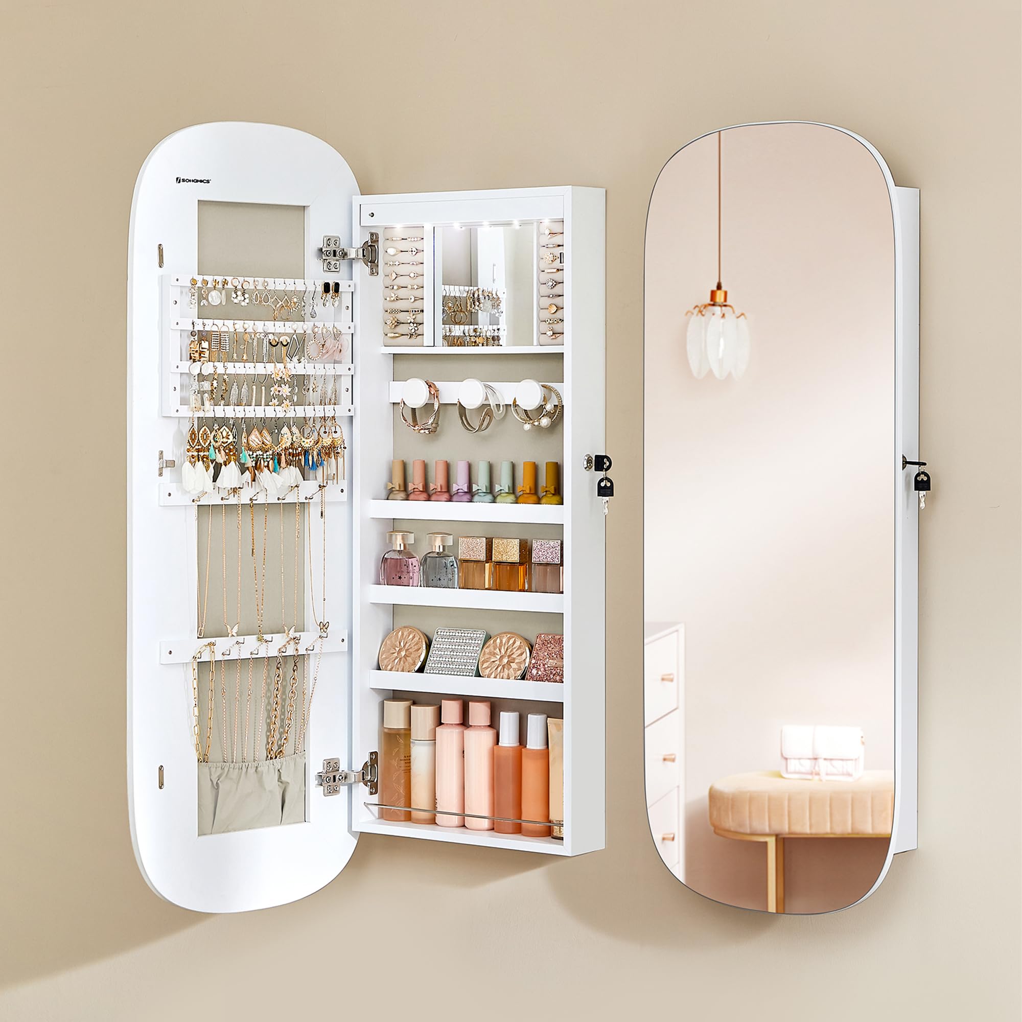 SONGMICS LED Mirror With Storage, Jewellery Cabinet Wall/Door Mounted, Lockable Rounded Wide Cabinet, Interior Mirror, 10 x 42 x 108 cm, White Surface With Greige Lining JJC026W01
