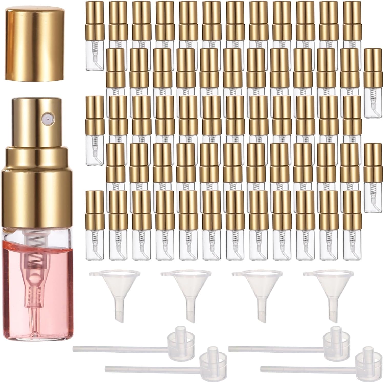 Lnrueg 100 Pcs 5 ml Mini Spray Bottles - 0.17 oz Refillable Glass Perfume Bottles, Portable Travel Sample Containers with Caps, Fine Mist Atomizers with 4 Funnels and 4 Dispensers, Gold