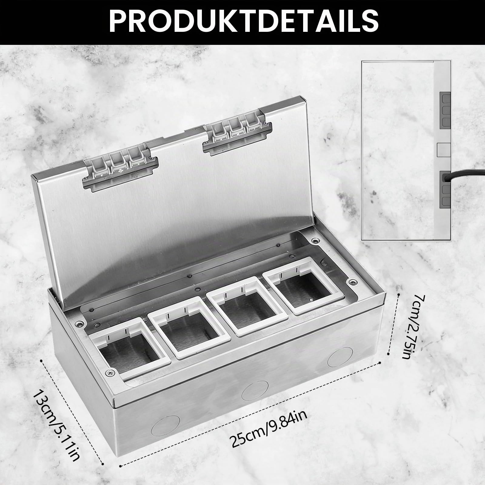 Bodentank Bodensteckdose, 4000W/16A Einbausteckdose aus Edelstahl Wasserdichte Bodeneinbaudose für Küche Wohnzimmer Büro, Bodeneinbau Steckdosenbox Versenkbar Bodentank 4 Fach 250 * 130mm