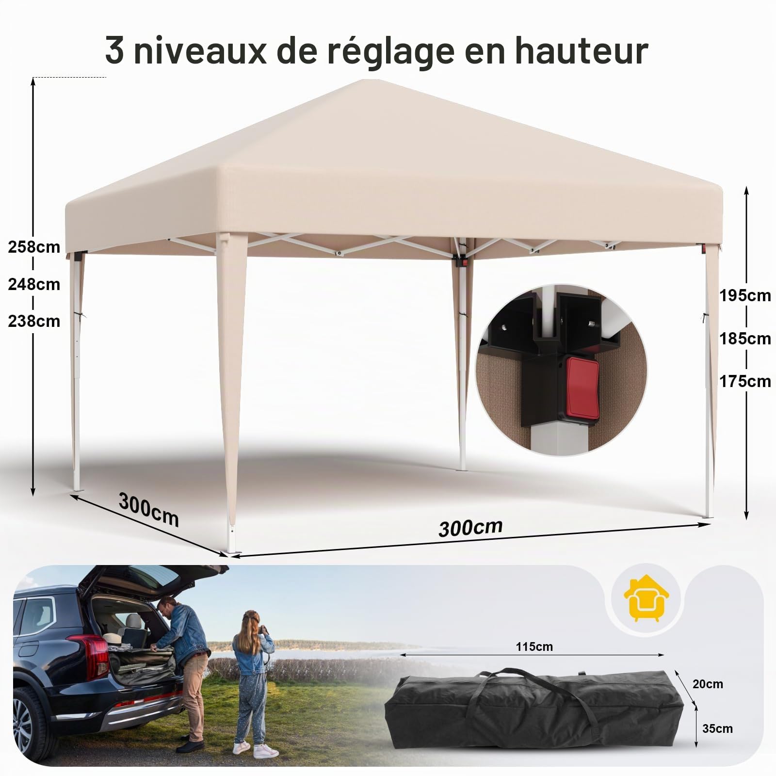TRIUMPHKEY Tonnelle Pliante 3x3 Imperméable Anti-UV 50+, Barnum Pliant 3x3 Réglable en Hauteur, Tonelle pour Jardins, Cours, Foires, Etc, Beige