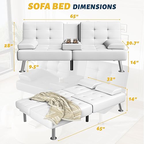 Miniatura 31 de Furmax Sofá cama futón ajustable, sofá cama para sala de estar, oficina de negocios, sofás reclinables con portavasos (piel sintética, negro) Negro