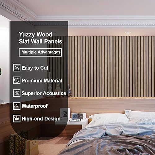 Miniatura 4 de Yuzzy Paneles de madera para pared, paneles acústicos de listones de madera de nogal oscuro de 9 pies, 4 unidades, paneles de pared modernos que