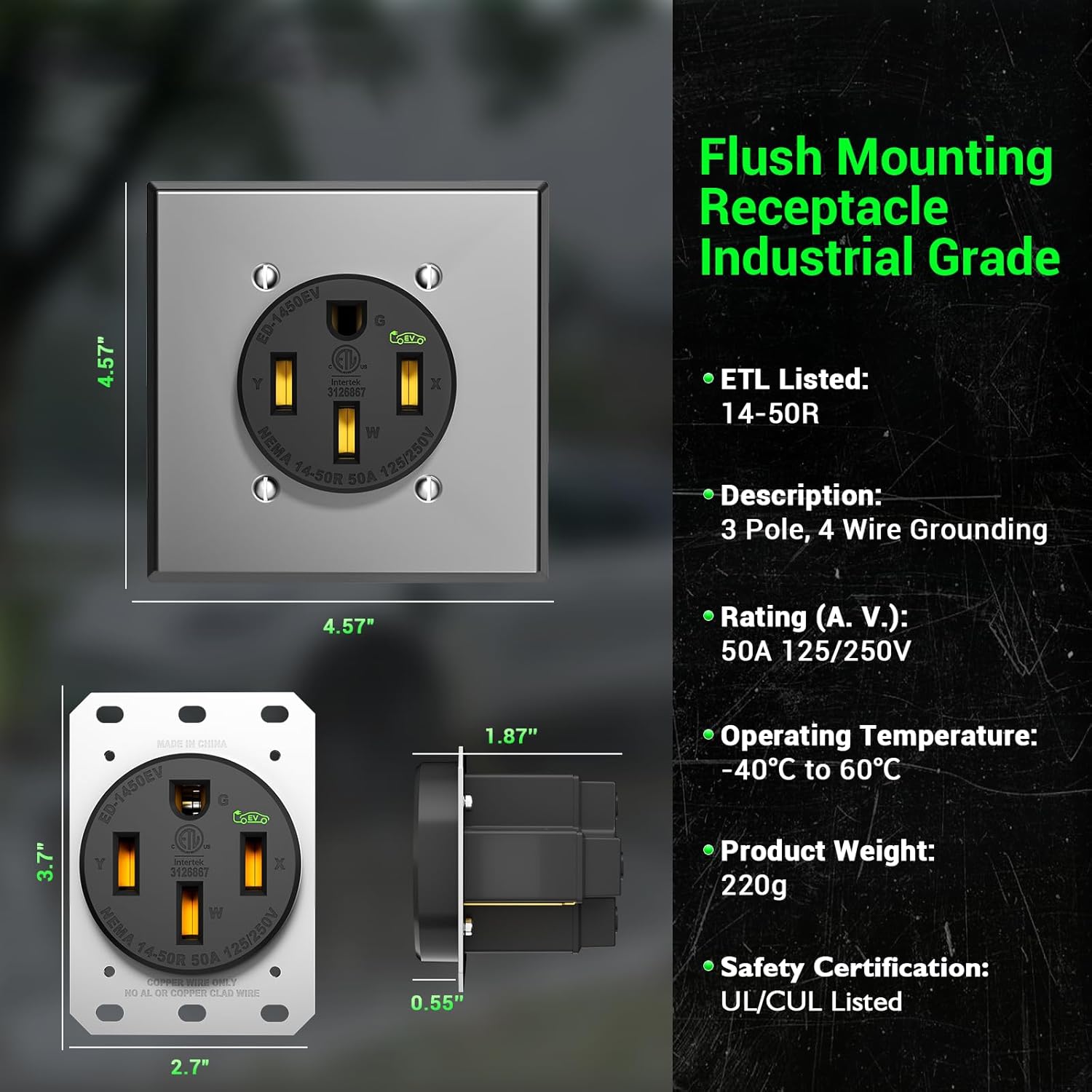 50 Amp EV Charging Receptacle/Nema 14-50 EV Outlet with Wall Plate: Heavy Duty Straight Blade Device,2.42" Diameter, U-Shaped Brass Clamp -Industrial Grade, 3-Pole 4-Wire Grounding,125/250V,ETL Listed