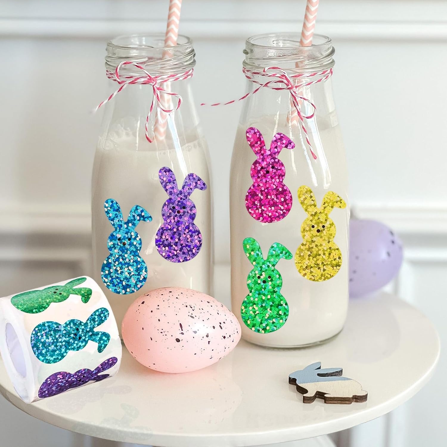 500Pcs Bling Sparkly Easter Bunny Stickers Roll, 1.5inch 1 Roll of 5 Colors Rabbit Stickers for Kids, Cute Sticker Rolls, Easter Waterproof Self-Adhesive Decals for Envelope Scrapbook Holiday Decor
