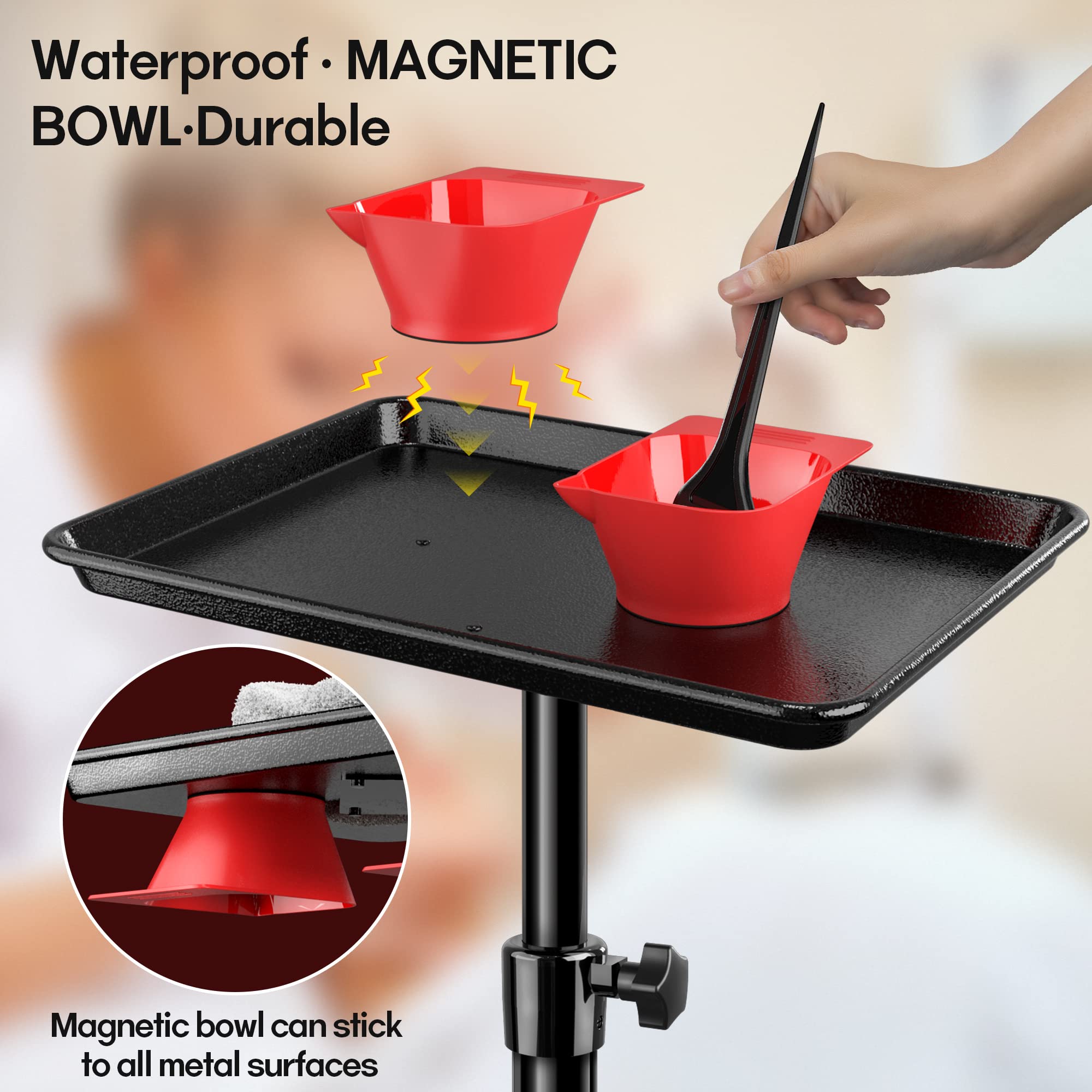 Salon Tray Salon Rolling Trolley on Wheels with 2 Magnetic Bowl Patented Rolling Wheels No Catching Hair Black