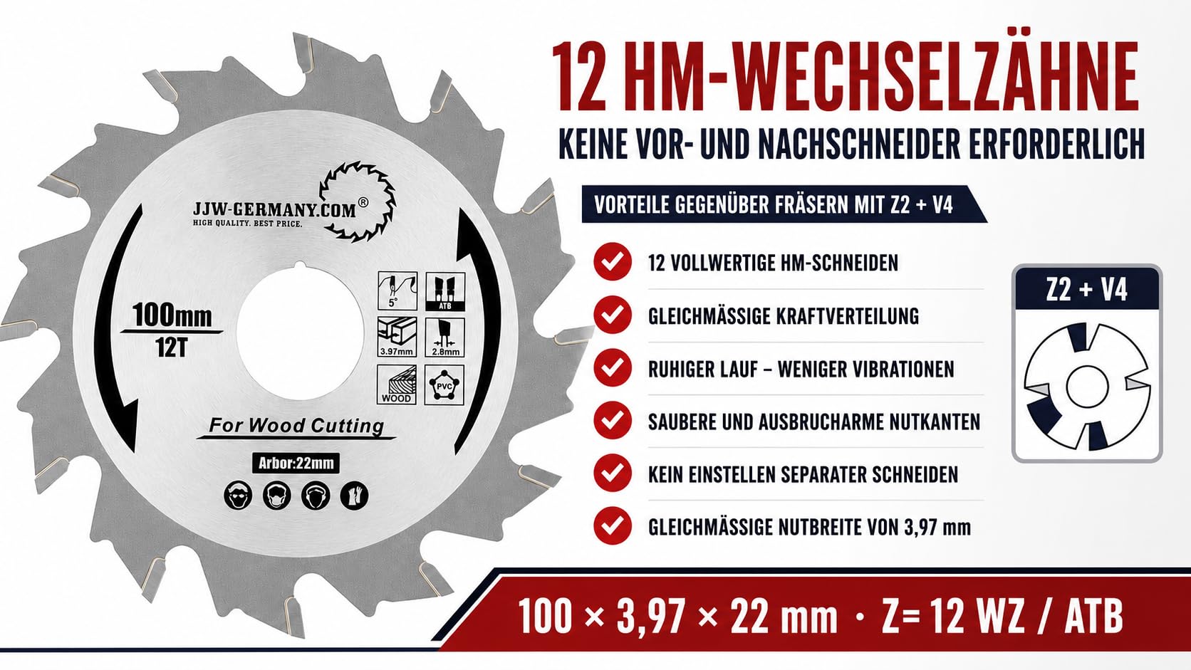 jjw-germany HM - Fresa de ranura (100 x 3,97 x 22 mm, 12 WZ, apta para fresadora de tacos planos Einhell)