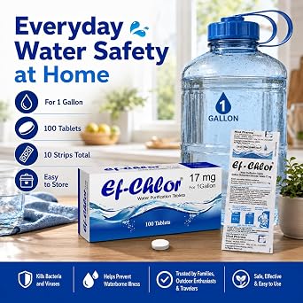 Ef-Chlor 17 Mg Water Purification Tablets / 100 Tablets Pack -1 tablet Purifies 3-4 Liters of Water/Safe and Reliable Water Treatment No Color or Unpleasant Taste/Sterilize Disinfect & Purify Water