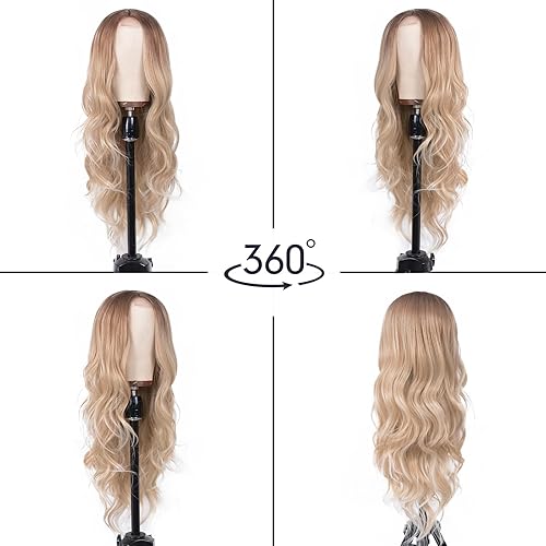 Miniatura 10 de Aida ble Peluca larga ondulada con rubio mezclado con castaño para mujer, 26 pulgadas, raya en medio, peluca larga ondulada y rizada resistente al